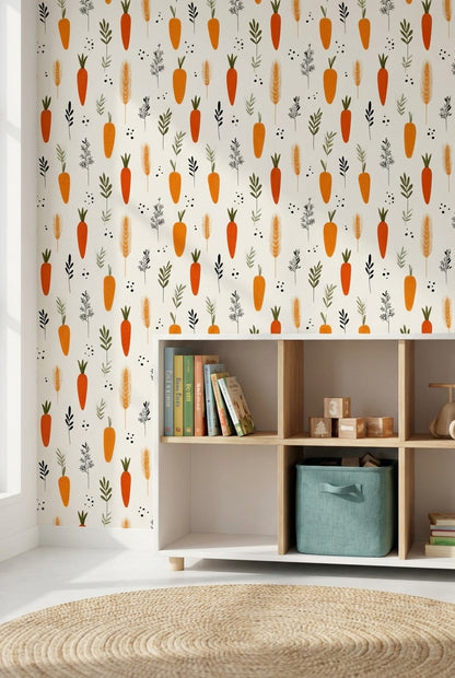 Bright Orange Carrot and Herb Pattern Wallpaper