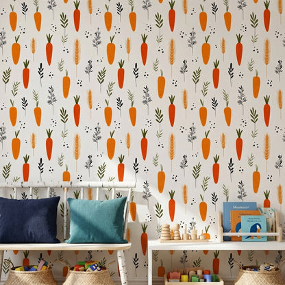 Bright Orange Carrot and Herb Pattern Wallpaper