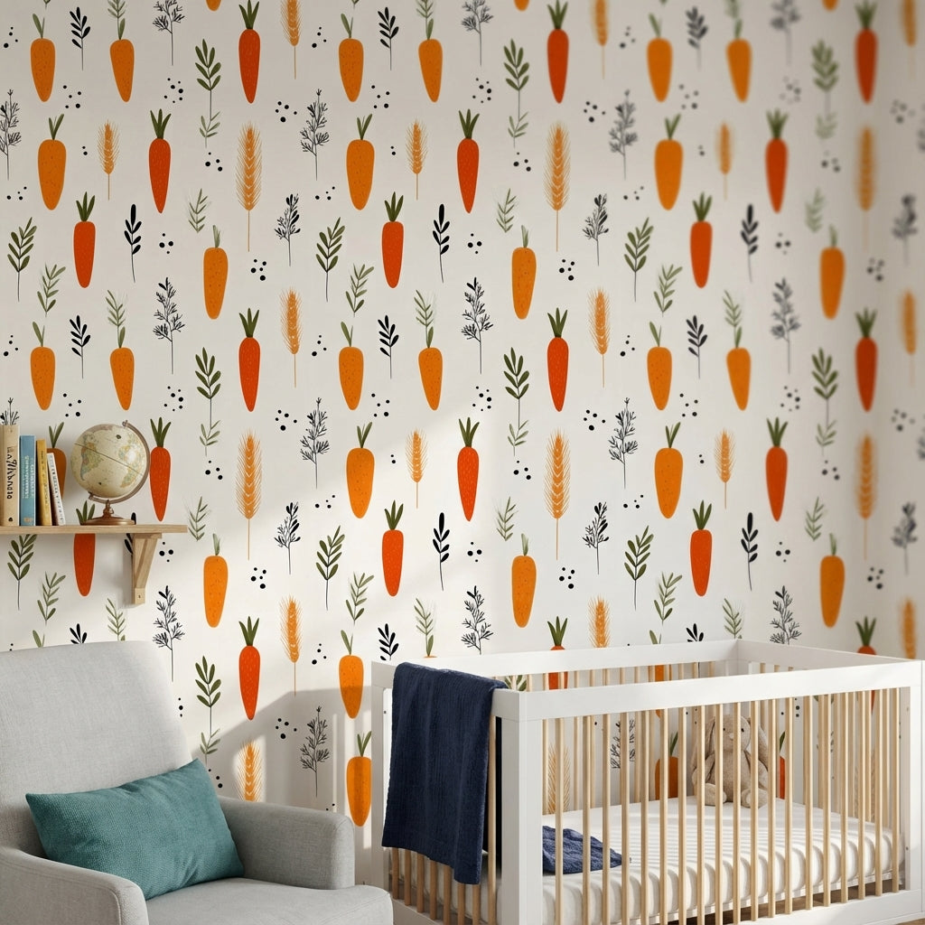 Bright Orange Carrot and Herb Pattern Wallpaper