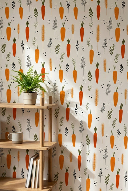 Bright Orange Carrot and Herb Pattern Wallpaper