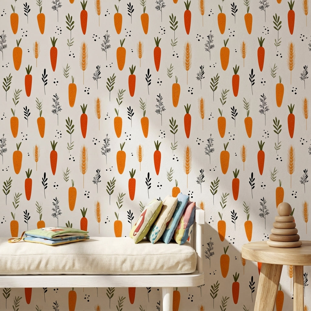 Bright Orange Carrot and Herb Pattern Wallpaper