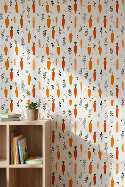 Bright Orange Carrot and Herb Pattern Wallpaper
