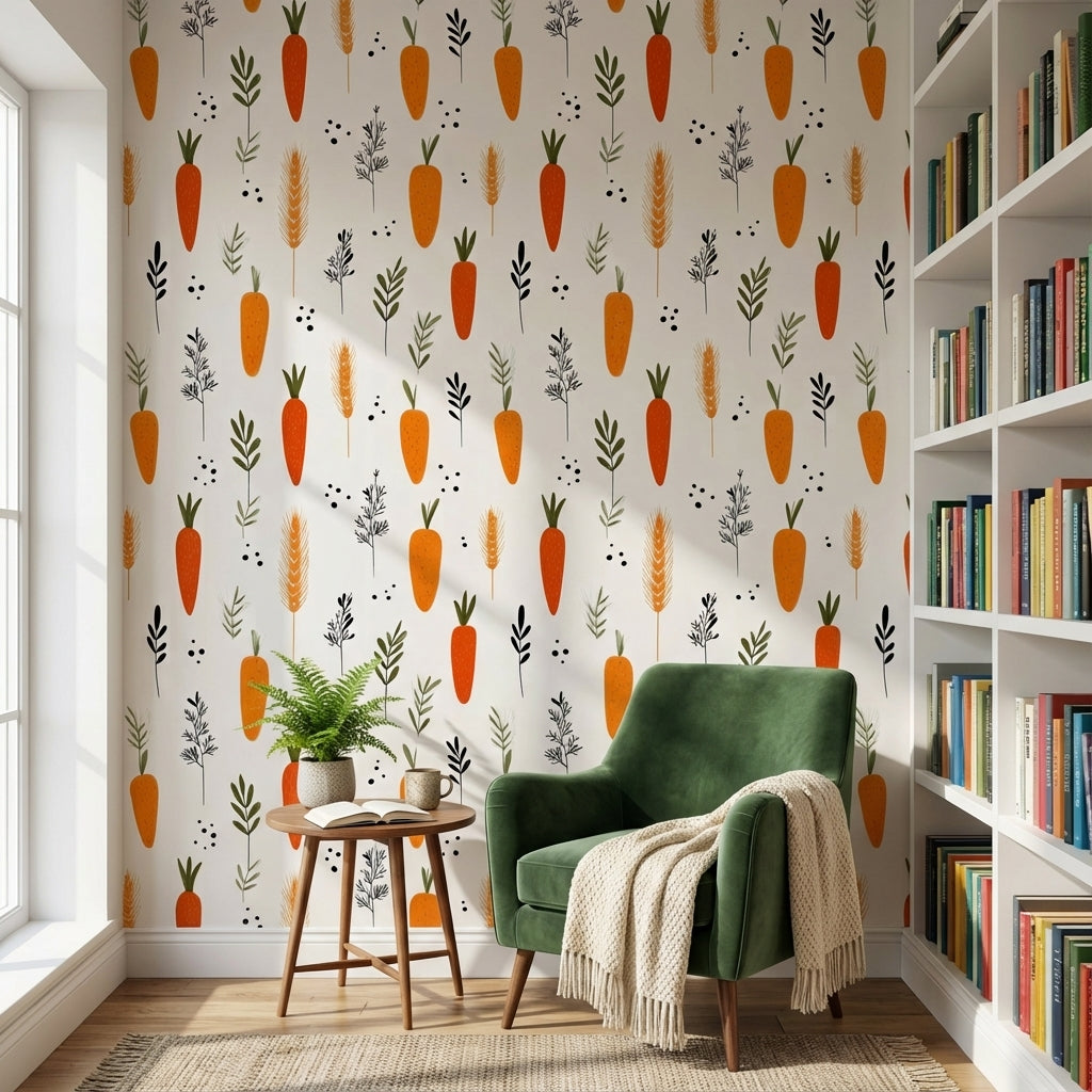 Bright Orange Carrot and Herb Pattern Wallpaper