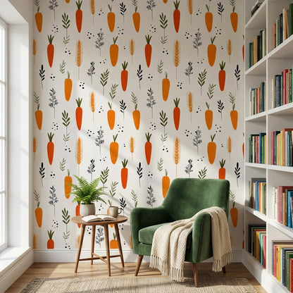 Bright Orange Carrot and Herb Pattern Wallpaper