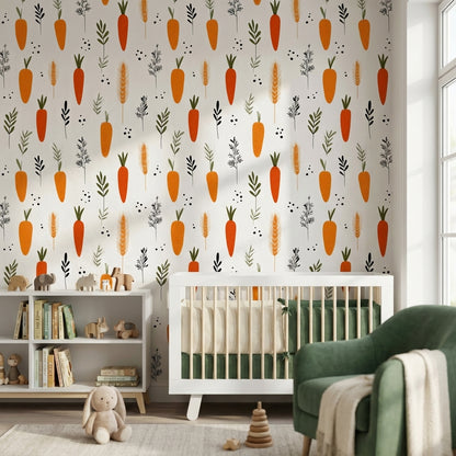Bright Orange Carrot and Herb Pattern Wallpaper
