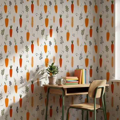 Bright Orange Carrot and Herb Pattern Wallpaper