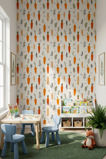 Bright Orange Carrot and Herb Pattern Wallpaper