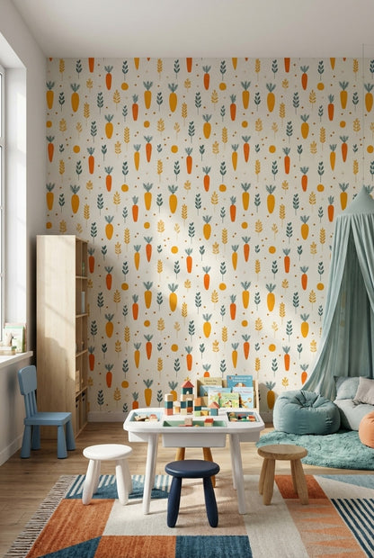 Cream and Orange Carrot Pattern Kids Wallpaper