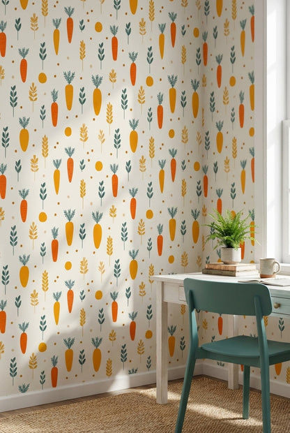 Cream and Orange Carrot Pattern Kids Wallpaper