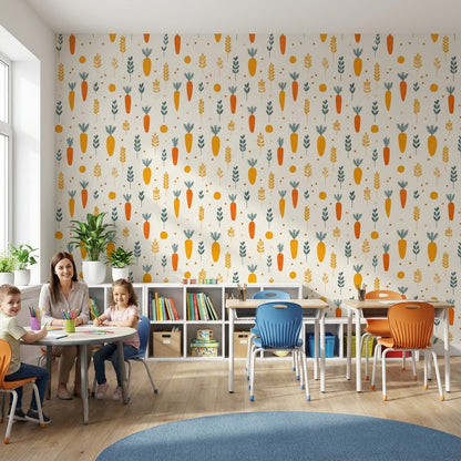 Cream and Orange Carrot Pattern Kids Wallpaper