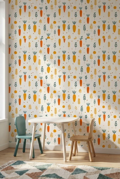 Cream and Orange Carrot Pattern Kids Wallpaper