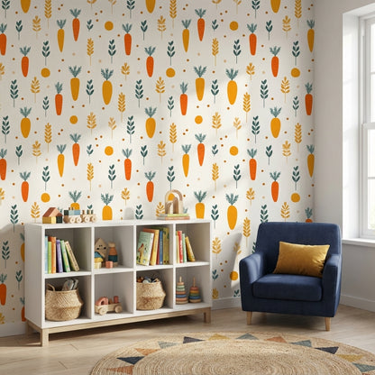 Cream and Orange Carrot Pattern Kids Wallpaper