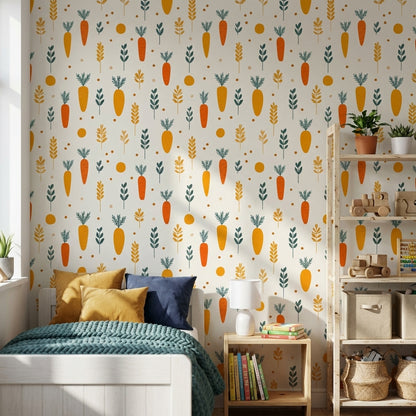 Cream and Orange Carrot Pattern Kids Wallpaper
