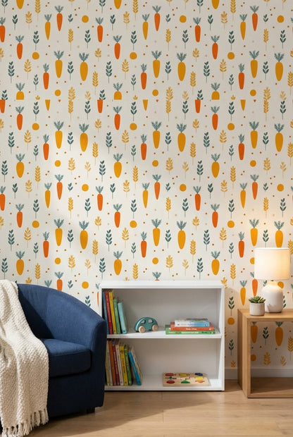 Cream and Orange Carrot Pattern Kids Wallpaper