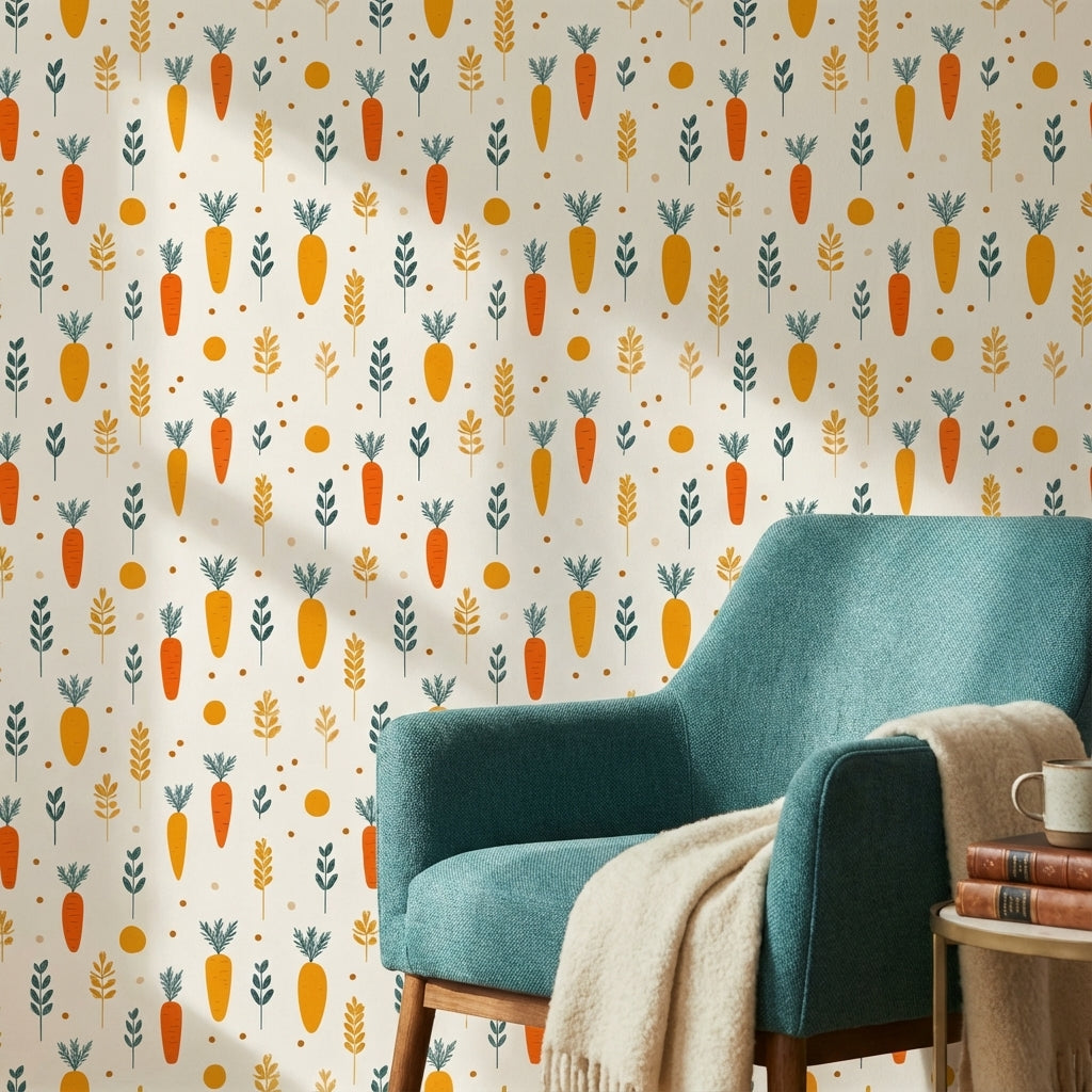 Cream and Orange Carrot Pattern Kids Wallpaper