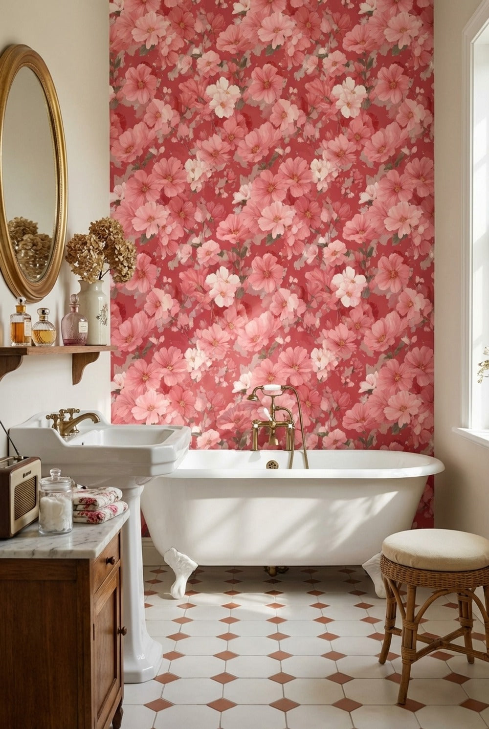 Vibrant Red Cherry Blossom Floral Wallpaper