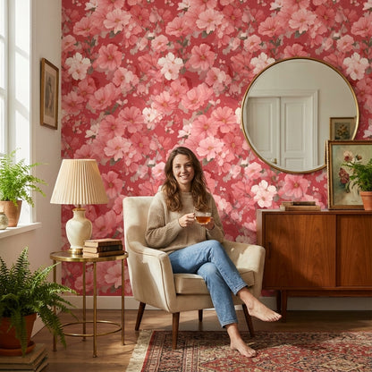 Vibrant Red Cherry Blossom Floral Wallpaper