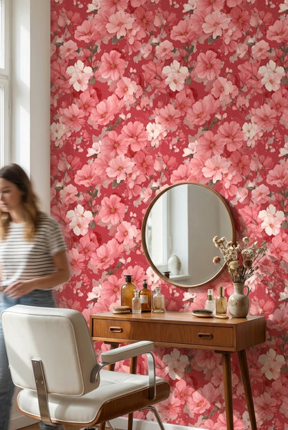 Vibrant Red Cherry Blossom Floral Wallpaper