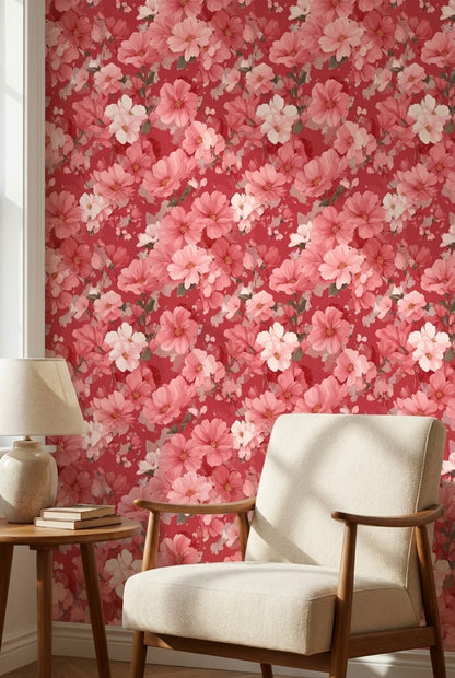 Vibrant Red Cherry Blossom Floral Wallpaper
