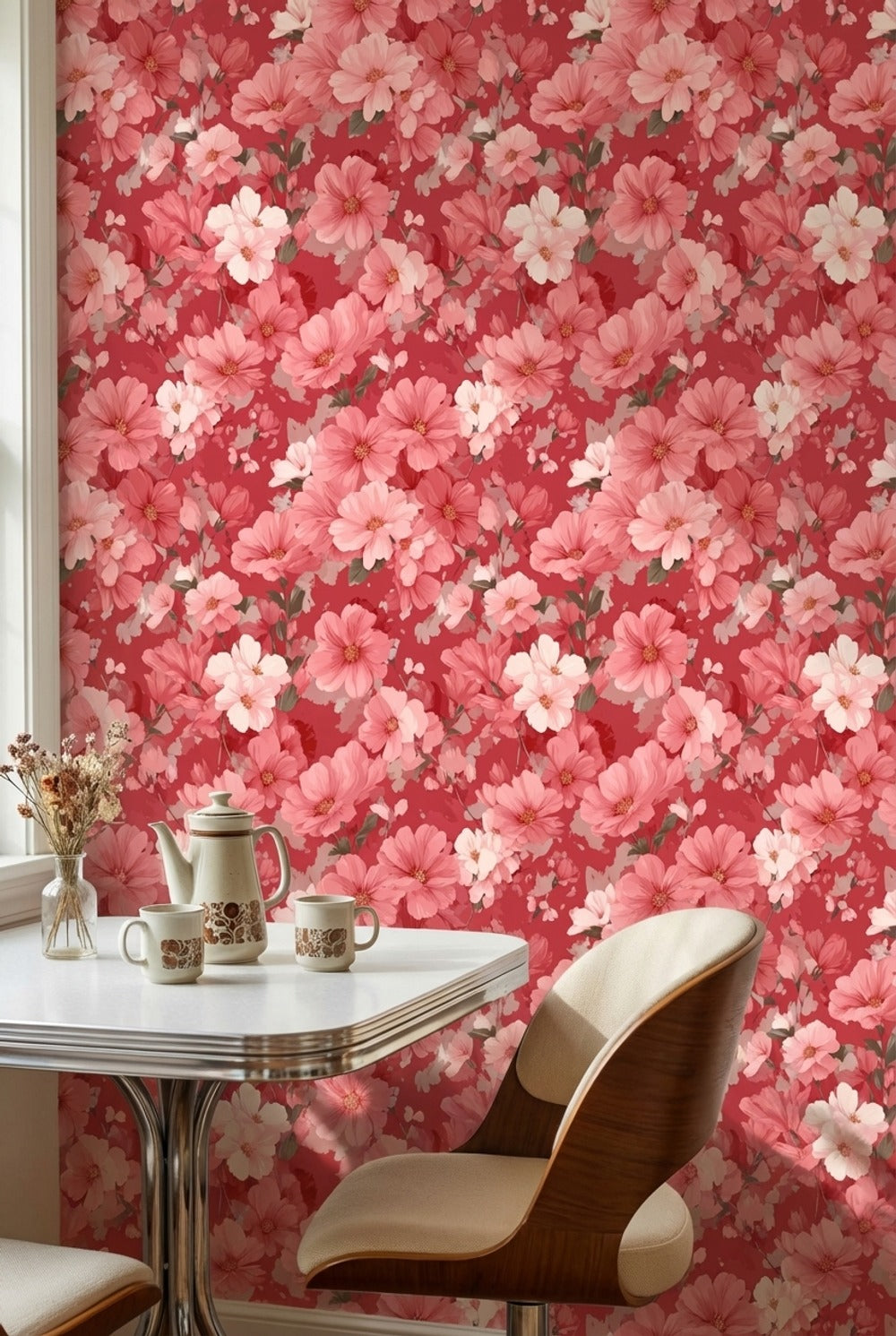 Vibrant Red Cherry Blossom Floral Wallpaper