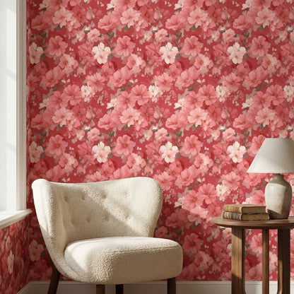 Vibrant Red Cherry Blossom Floral Wallpaper