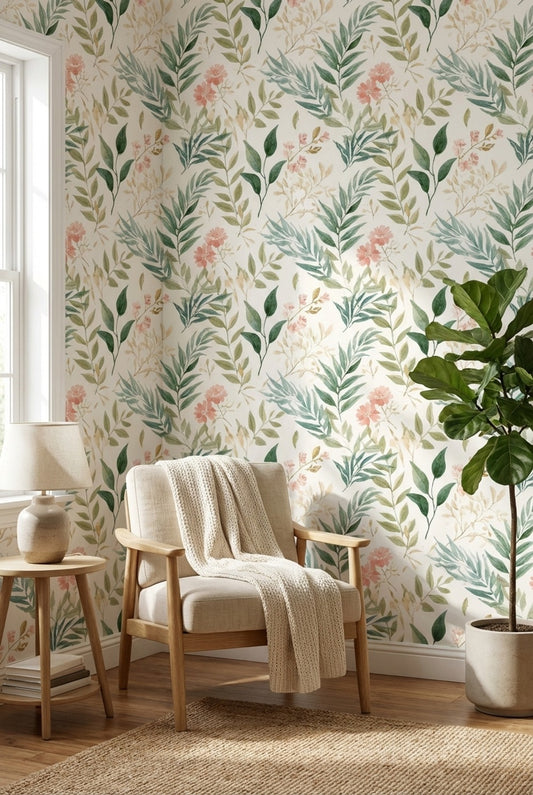 Cream and Green Watercolor Floral Botanical Wallpaper