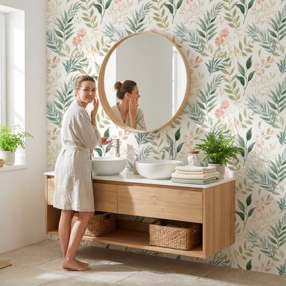 Cream and Green Watercolor Floral Botanical Wallpaper