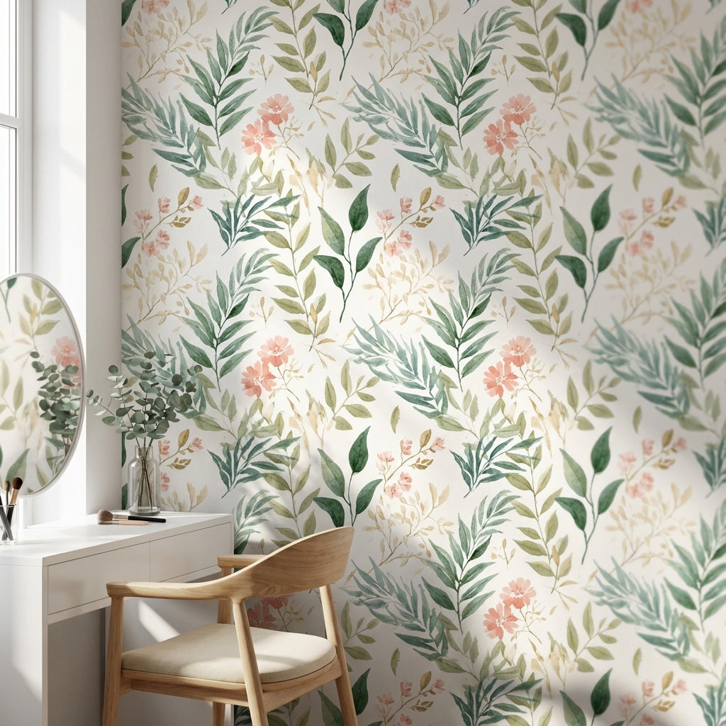 Cream and Green Watercolor Floral Botanical Wallpaper