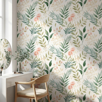 Cream and Green Watercolor Floral Botanical Wallpaper