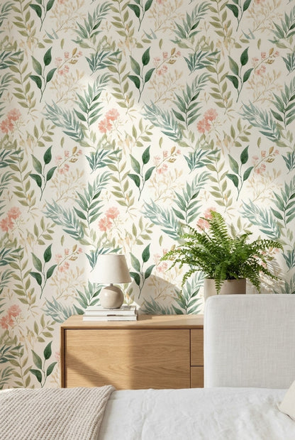 Cream and Green Watercolor Floral Botanical Wallpaper
