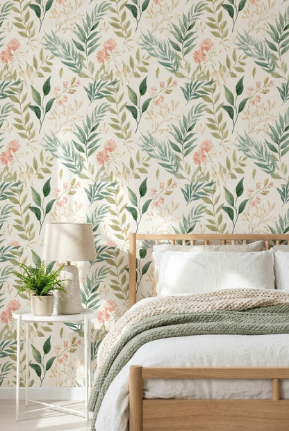 Cream and Green Watercolor Floral Botanical Wallpaper