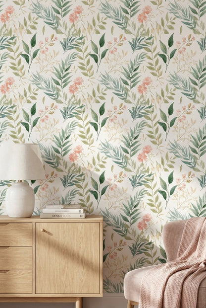 Cream and Green Watercolor Floral Botanical Wallpaper
