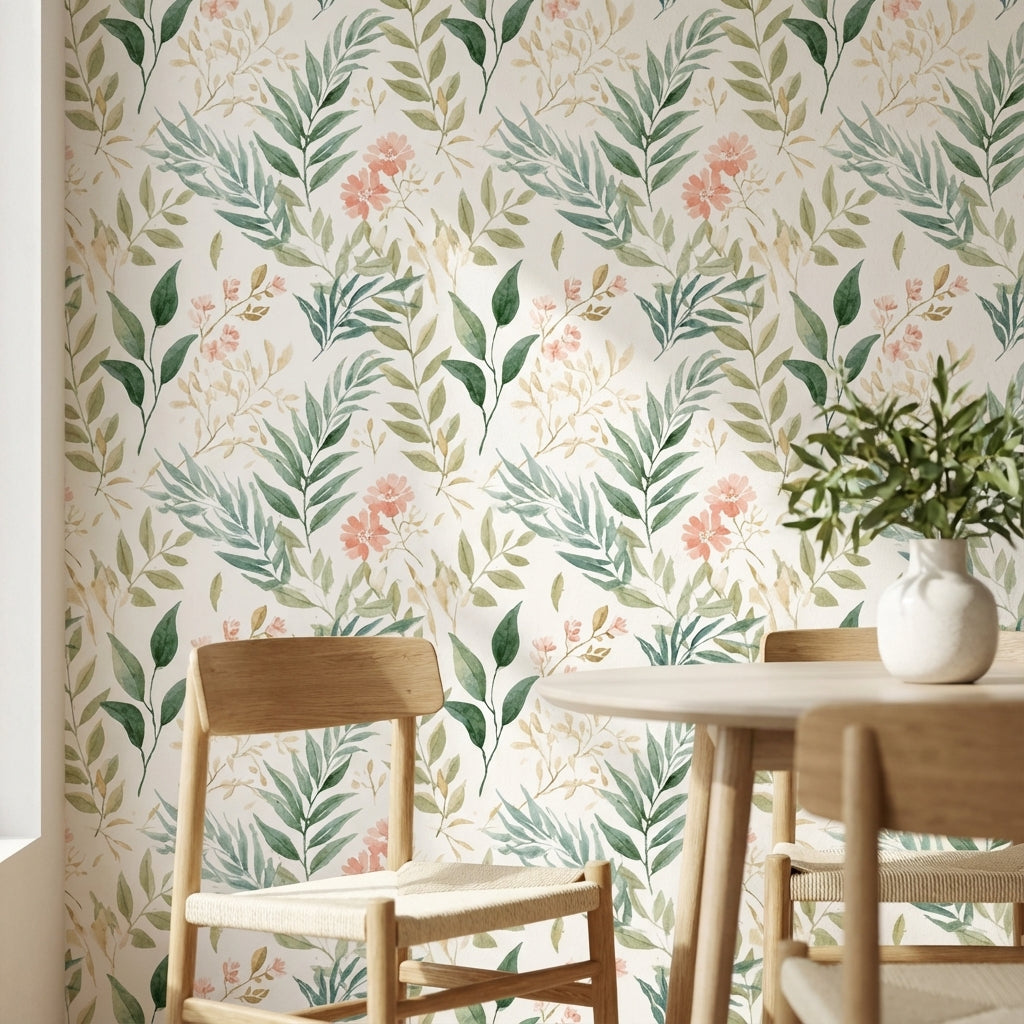 Cream and Green Watercolor Floral Botanical Wallpaper