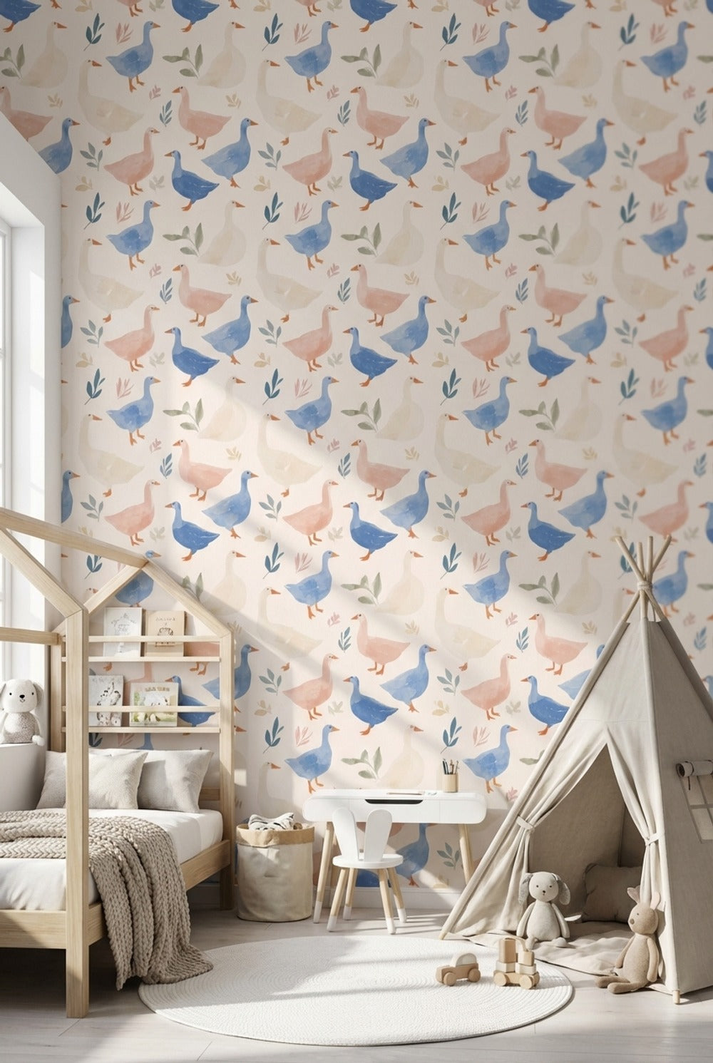 Cream Playful Ducks and Leaves Wallpaper