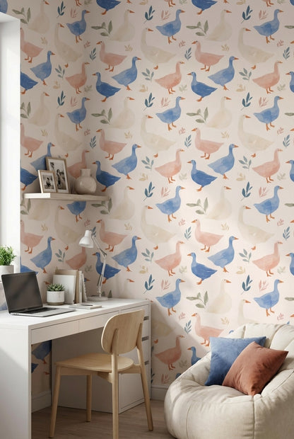 Cream Playful Ducks and Leaves Wallpaper