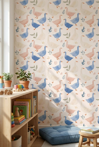 Cream Playful Ducks and Leaves Wallpaper