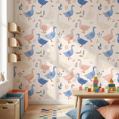 Cream Playful Ducks and Leaves Wallpaper