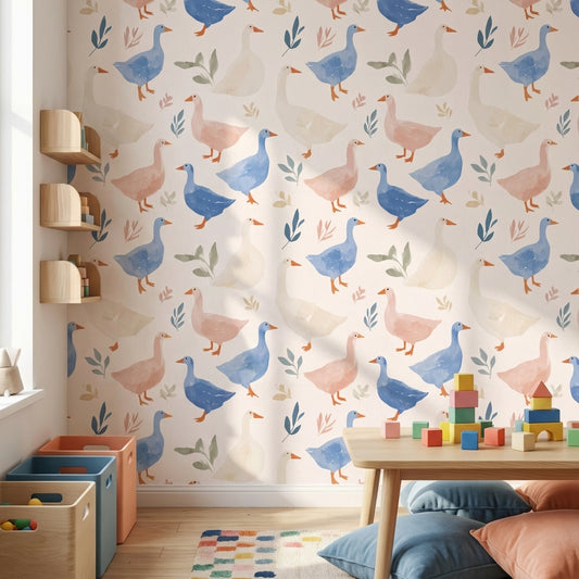 Cream Playful Ducks and Leaves Wallpaper