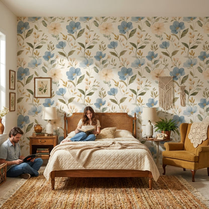 Cream and Blue Large Floral Pattern Wallpaper