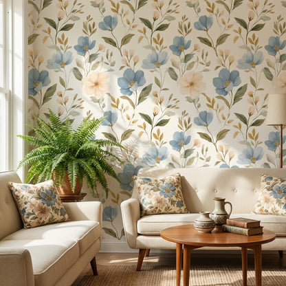 Cream and Blue Large Floral Pattern Wallpaper