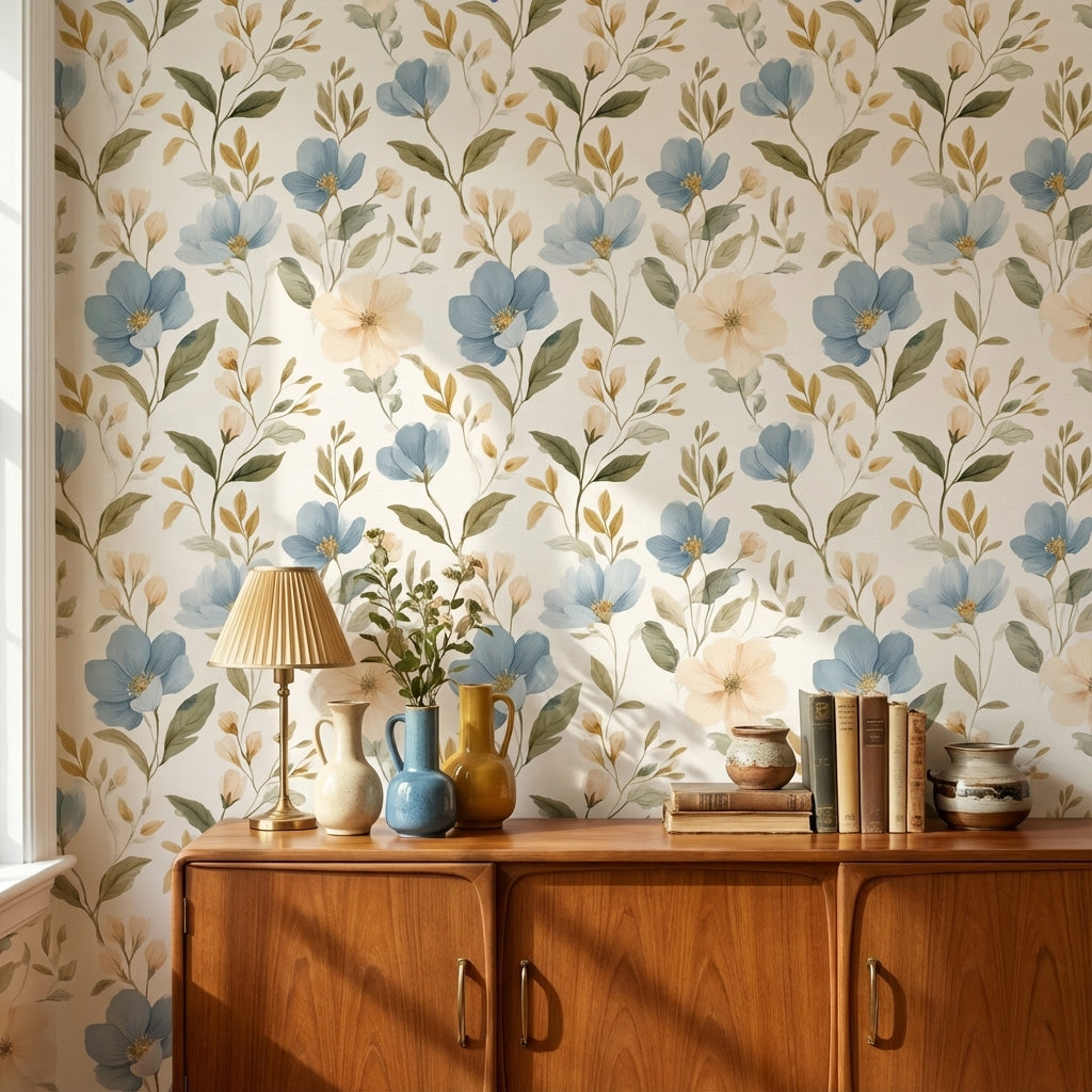 Cream and Blue Large Floral Pattern Wallpaper