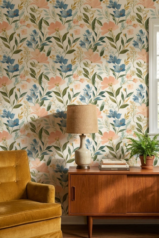 Cream Background Large Floral Botanical Wallpaper