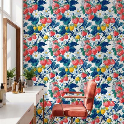 Vibrant Multicolor Strawberry Floral Wallpaper