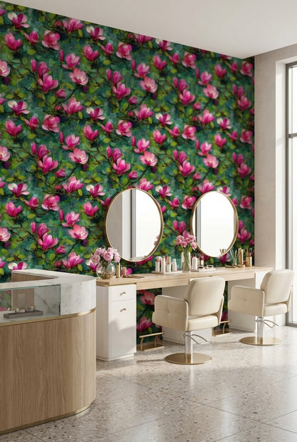 Vibrant Magenta Magnolia Floral Wallpaper