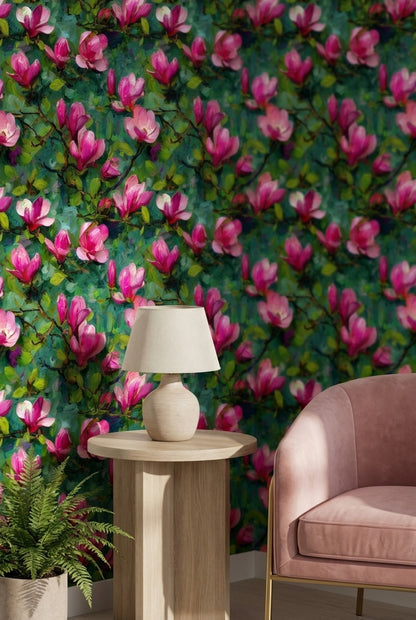 Vibrant Magenta Magnolia Floral Wallpaper