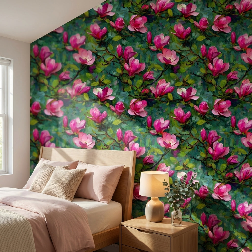 Vibrant Magenta Magnolia Floral Wallpaper