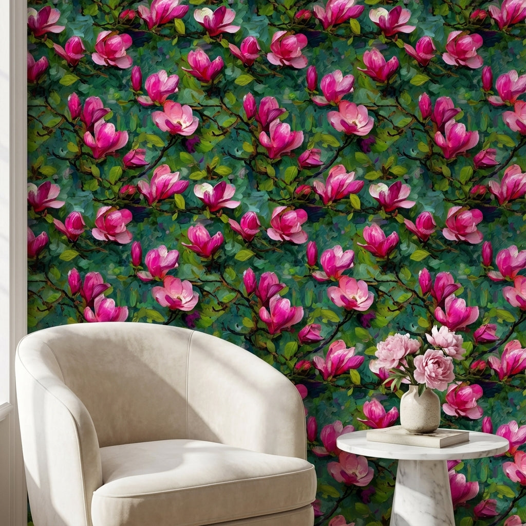 Vibrant Magenta Magnolia Floral Wallpaper