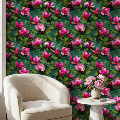Vibrant Magenta Magnolia Floral Wallpaper