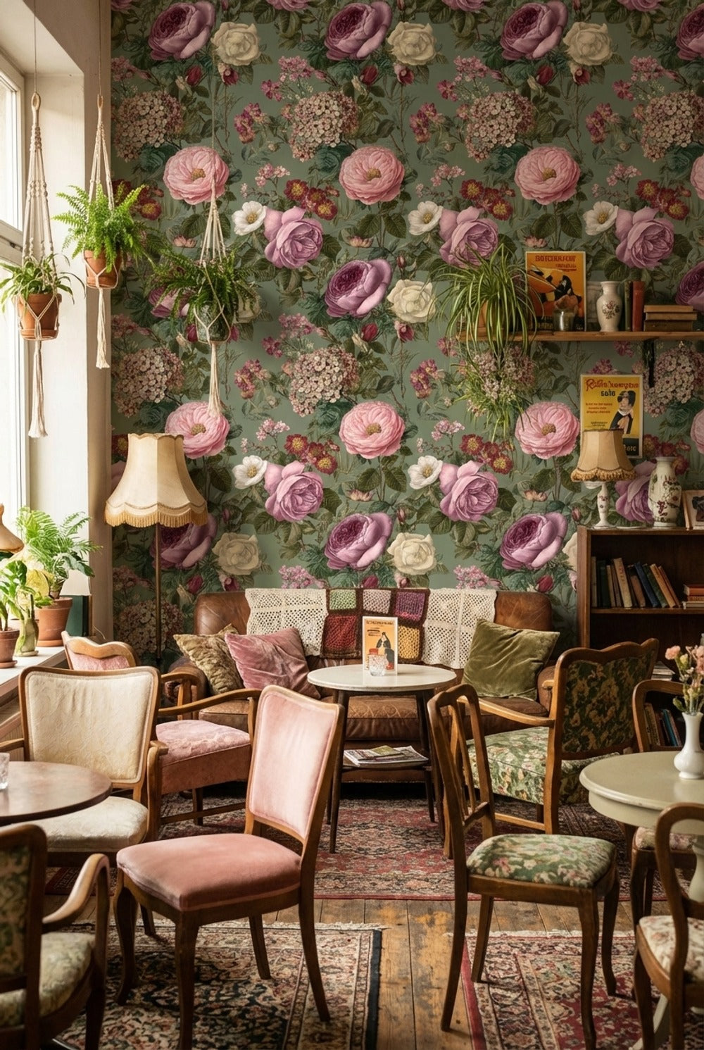 Vintage Green Multicolor Rose Floral Wallpaper