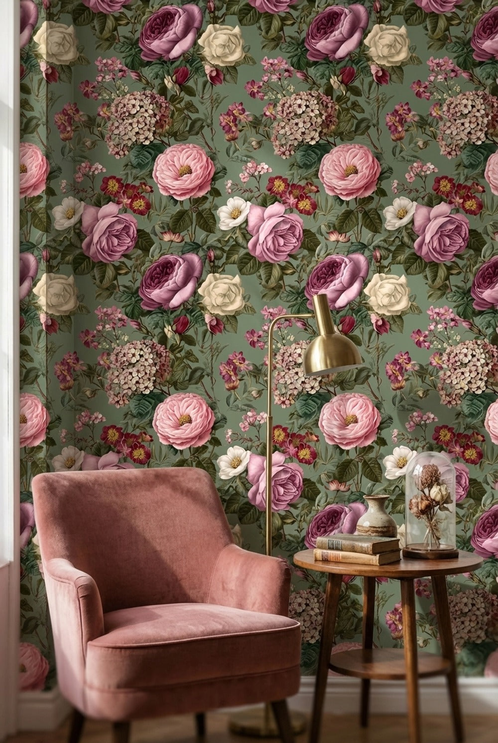 Vintage Green Multicolor Rose Floral Wallpaper